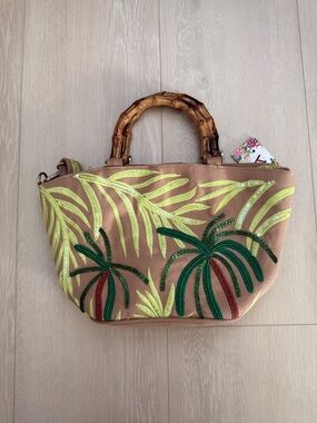 Express Edit Tropical Embroidered Tan Tote Bag